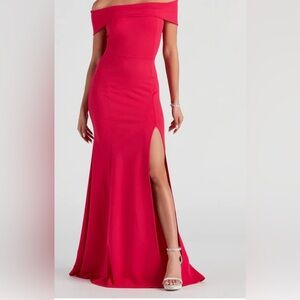 Elegant Off-Shoulder Fushia Evening Gown
